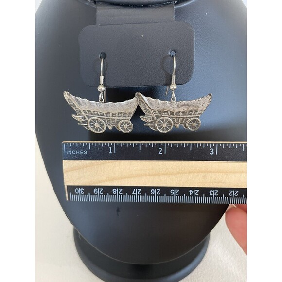 Covered Wagon Dangle Earrings Silver Tone Western Oregon Trail Wild West - Picture 3 of 5